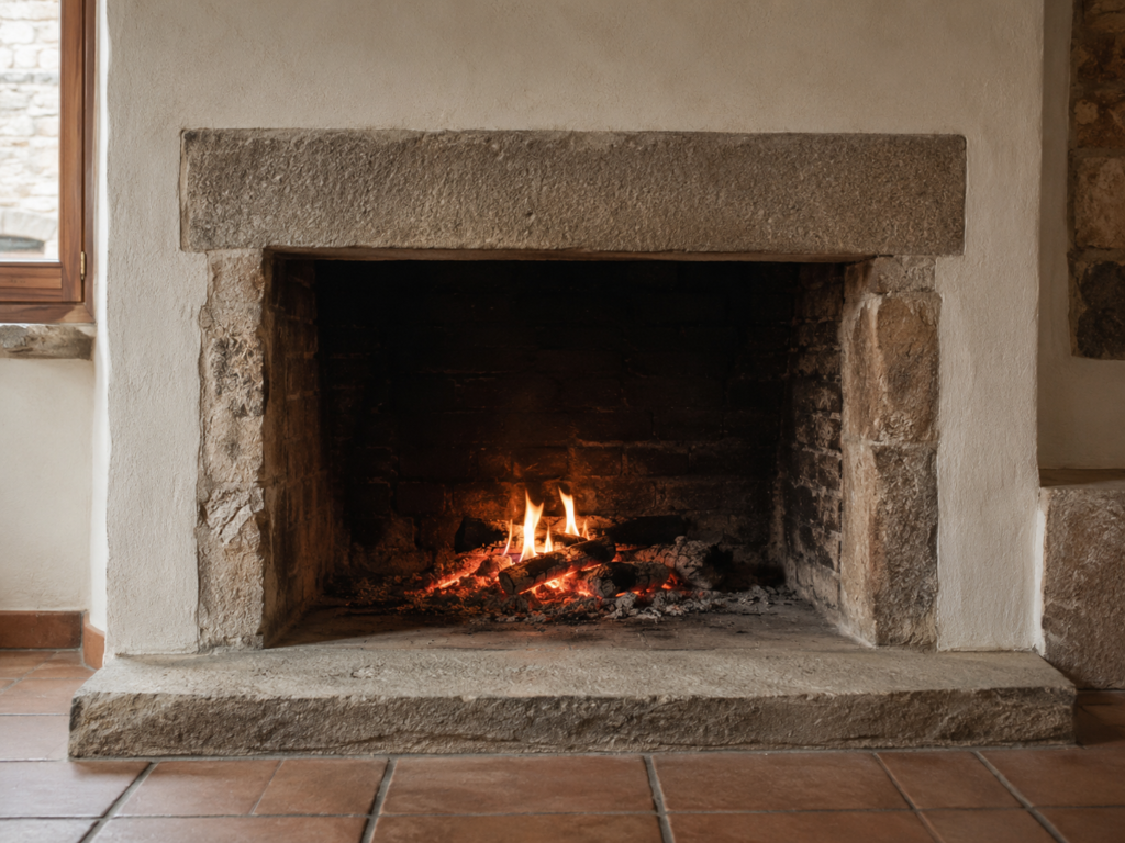 Chimenea abierta sin puertas, enmarcada en piedra, con un fuego de leña encendido al fondo y suelo de baldosas de barro