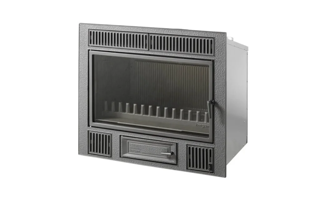 Insertable de leña C-3/80 de acabado gris rugoso, con rejillas de aire arriba y abajo, puerta de cristal y cajón con tirador